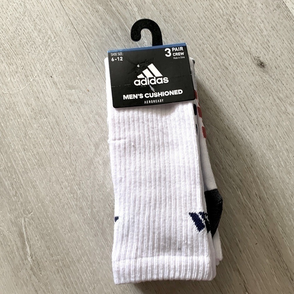 Adidas‎ Mens Cushioned Crew Socks 3 Pair Pack Aeroready White Stripe Size 6-12